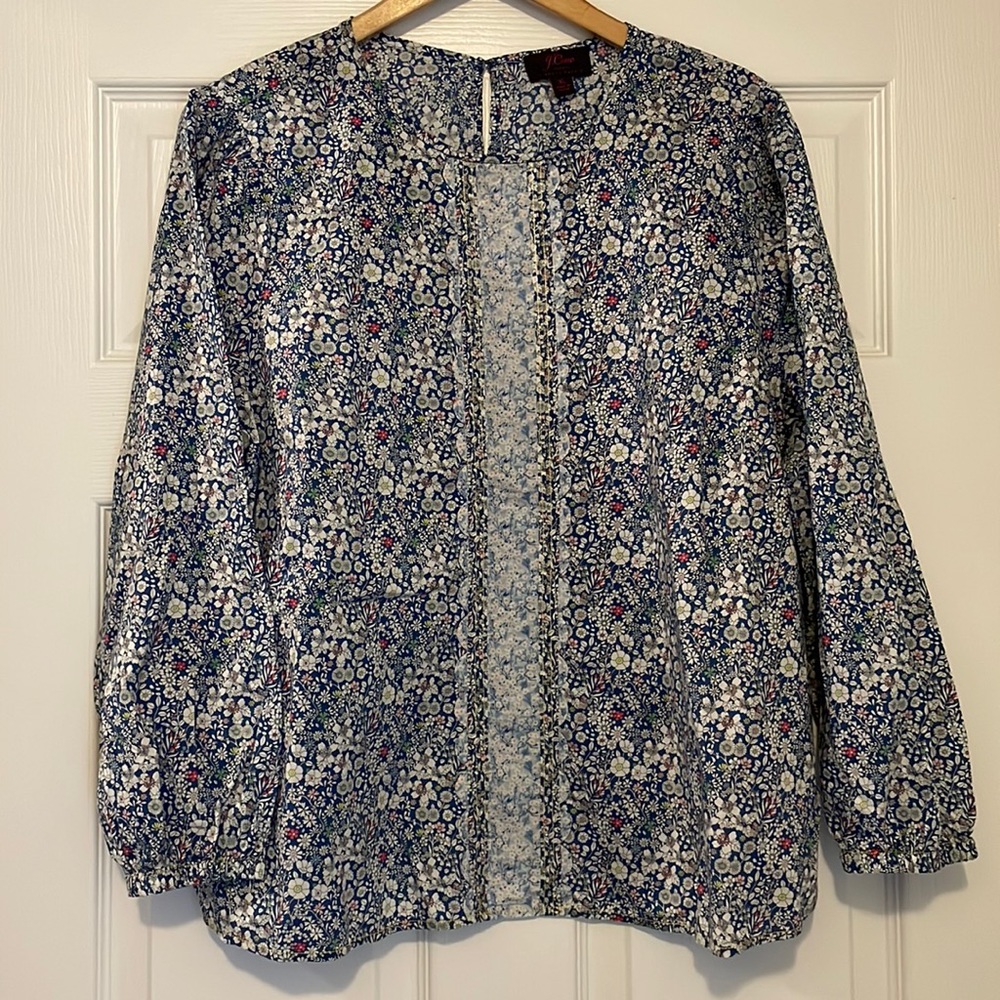 J. Crew Long sleeved scalloped blouse in mixed liberty prints. Size XL.